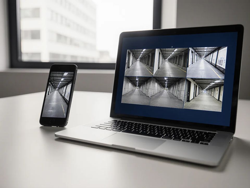Smartphone et ordinateur portable posés sur un bureau, affichant les images de caméras de surveillance