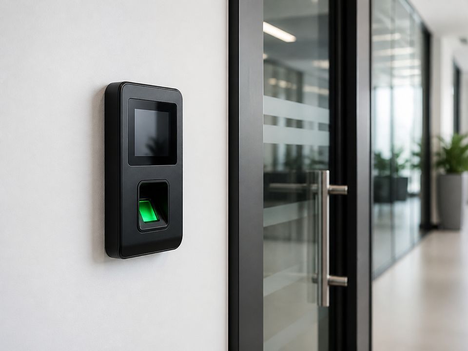 Lecteur d'empreinte digitale à écran à côté d'une porte de bureau