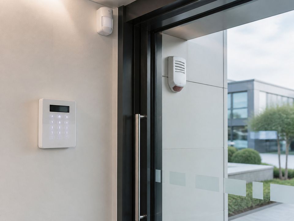 Clavier d'alarme, détecteur et sirène à l'entrée vitrée d'un bureau