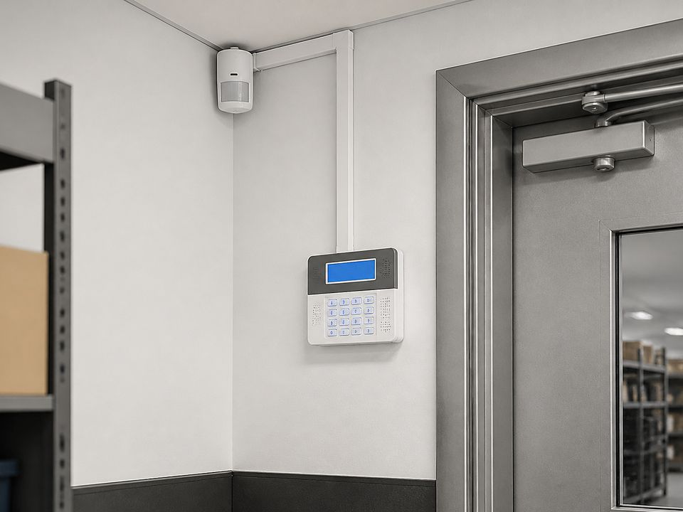 Clavier de commande d'alarme et détecteur de mouvement au mur d'un local de stockage