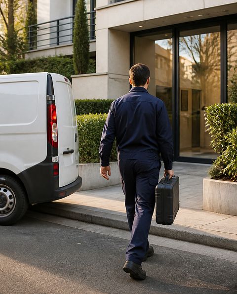 Technicien en tenue de travail arrivant devant une résidence