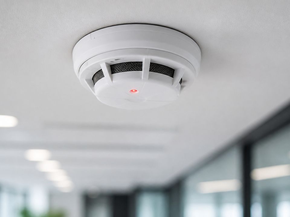 Détecteur de fumée au plafond d'un couloir de bureaux