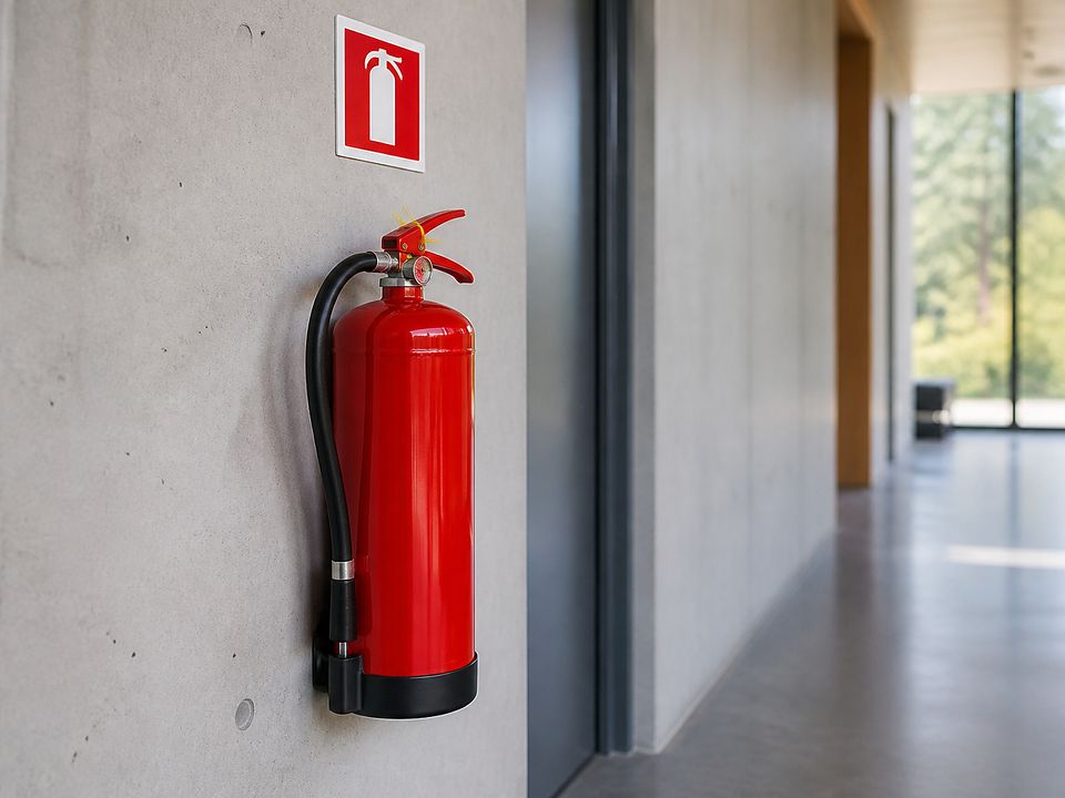 Extincteur fixé au mur sous son pictogramme, dans un couloir
