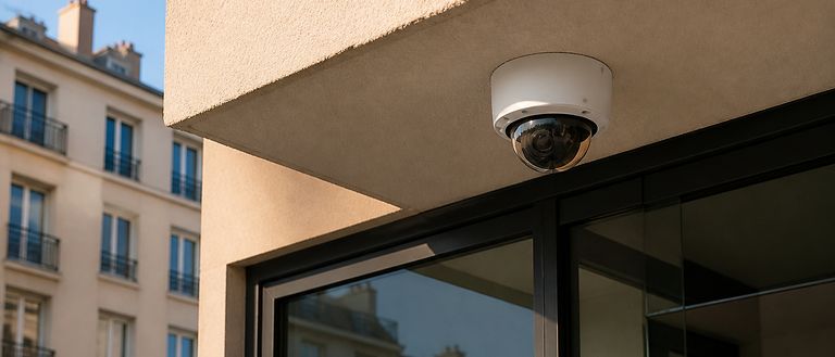 Caméra dôme sous l'auvent d'une entrée d'immeuble