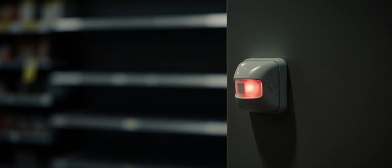 Détecteur de mouvement à voyant rouge au mur d'un commerce fermé la nuit, rayonnages dans l'ombre