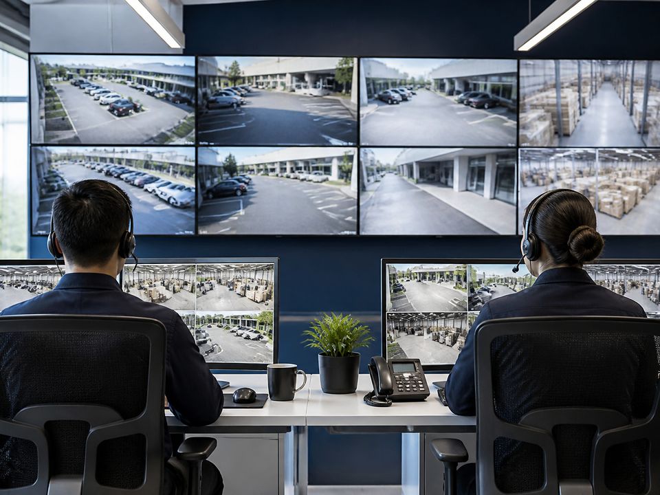 Opérateurs de télésurveillance devant un mur d'écrans