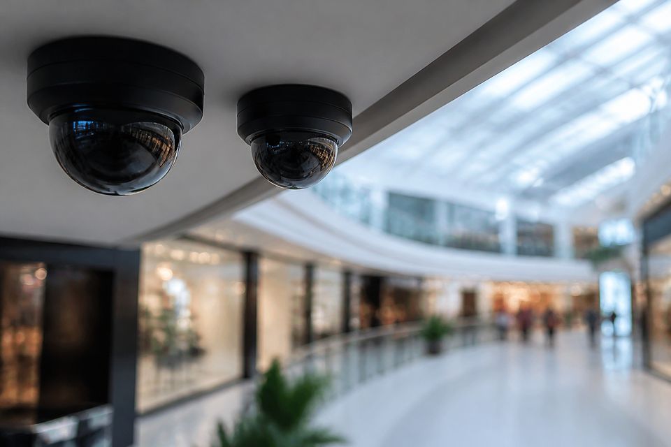 Caméras dômes au plafond d'une galerie marchande