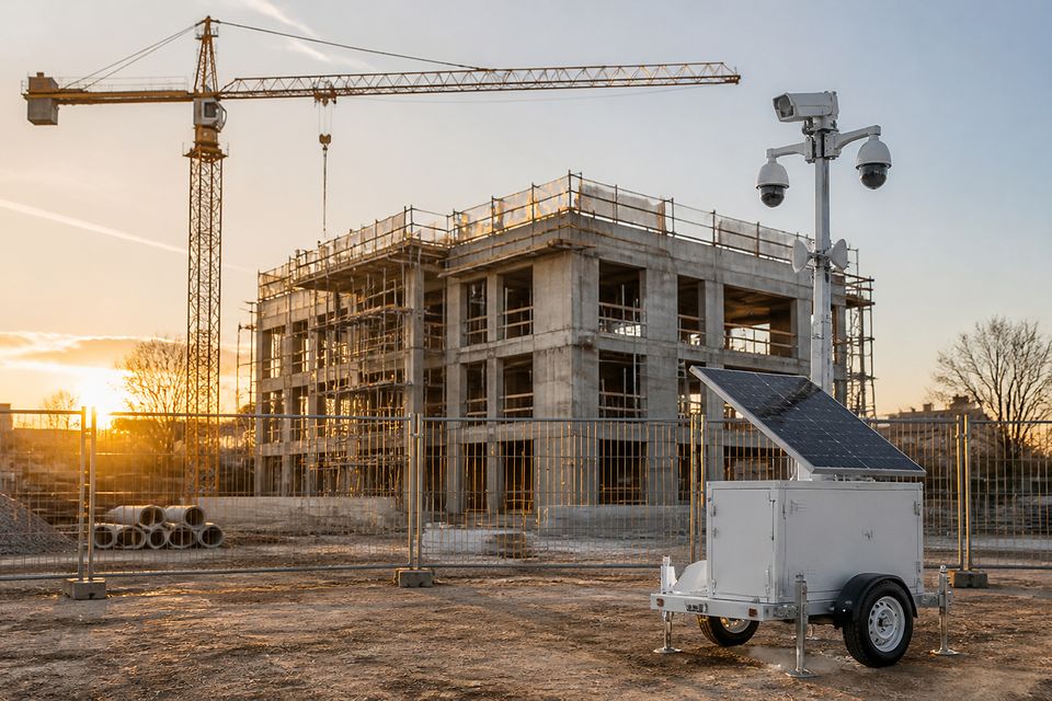 Mât de vidéosurveillance autonome sur remorque devant un chantier