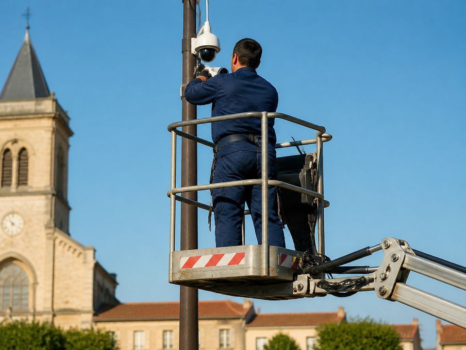 Technicien en nacelle posant une caméra sur un mât, devant une église